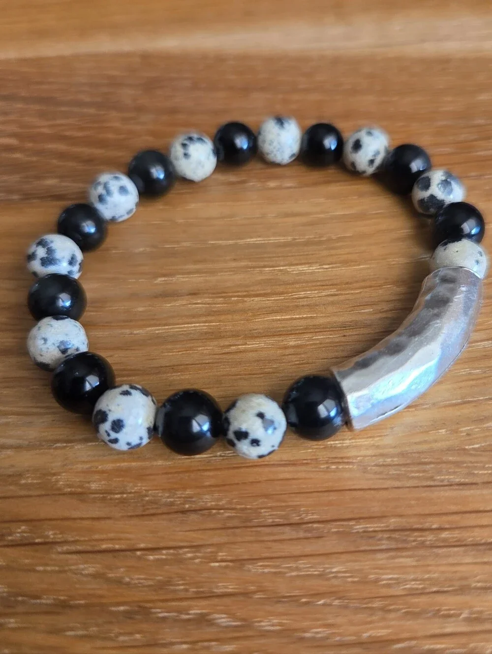 Dalmatian Jasper and Rainbow Obsidian Beaded Stretch Bracelet | Handmade